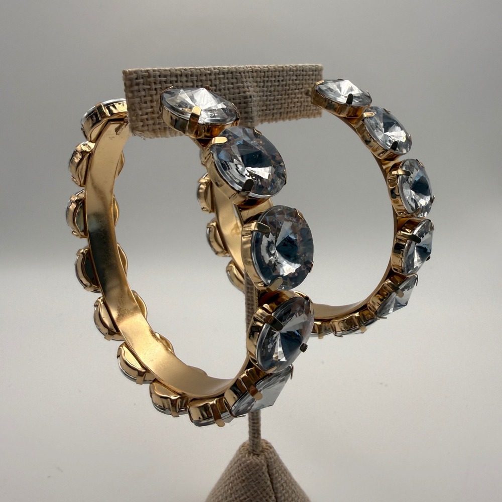 Fashion‎ Nova Gold Rhinestone Hoop Earrings Large Statement Crystal Bling Glam